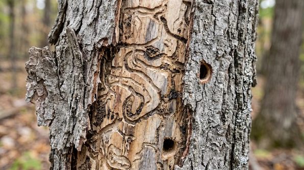 Emerald ash borer D-shaped exit holes on Michigan ash bark