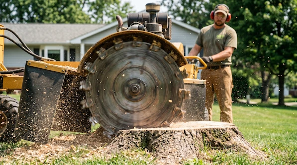 Stump grinder clearing below lawn grade in Lansing