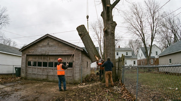 Tree removal crew rigging sections in Lansing backyard
